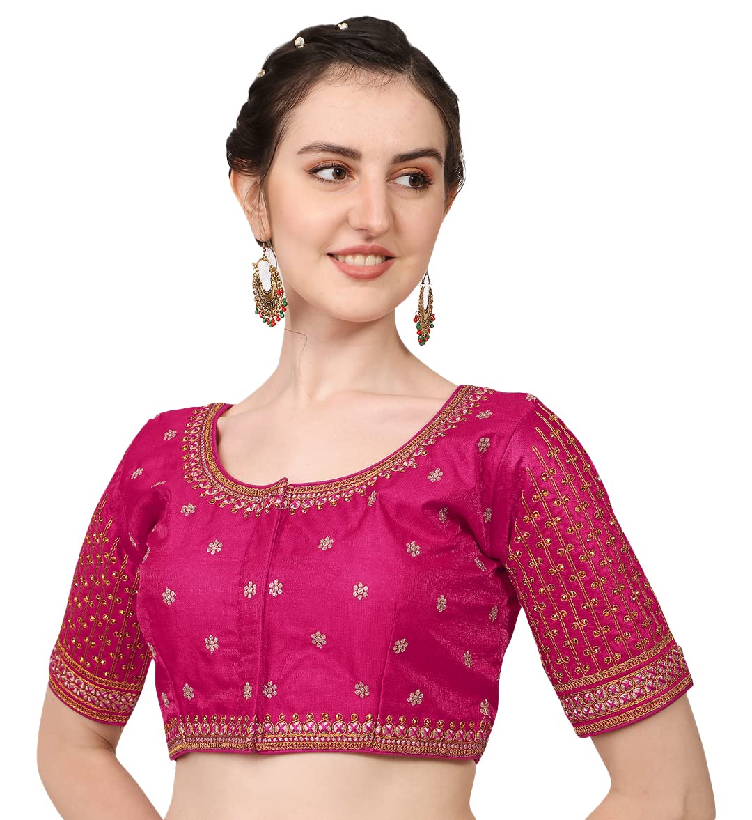 Pujia Mills WomenS Cobra Silk Embroidery Coding Stone Work Half Sleeve Saree Blouse