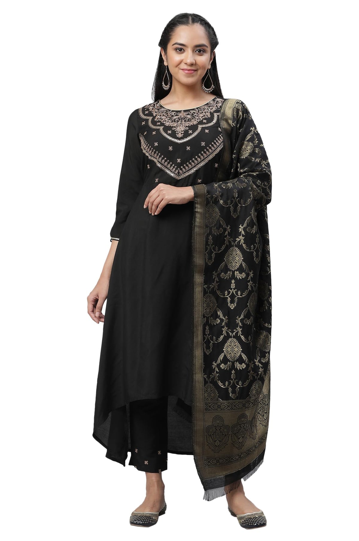 Aurelia WomenS Black Zari Embellished Black Kurta, Pants & Dupatta Set_23Aud14224-704525_M