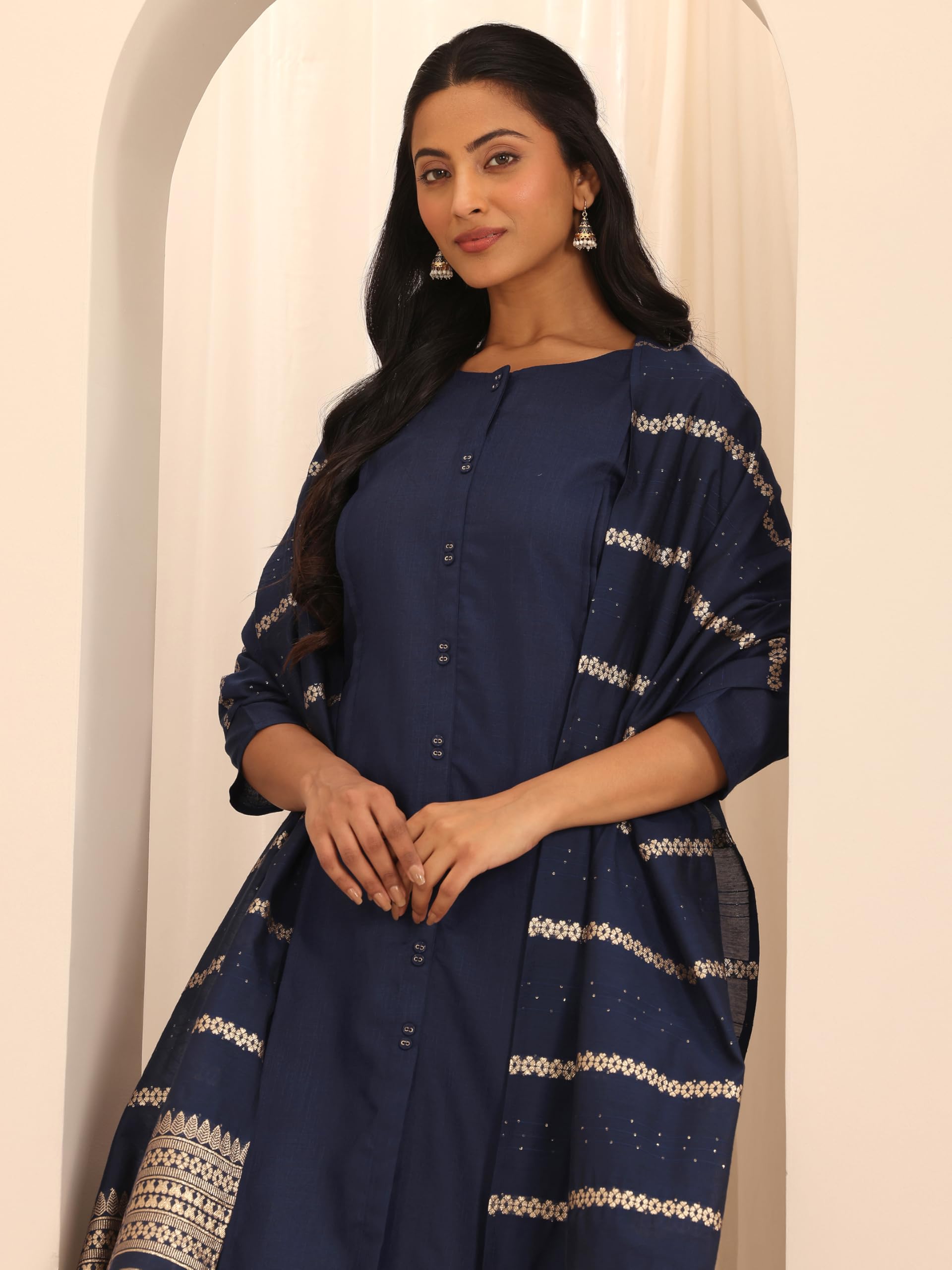 Libas Womens Woven Design Cotton Blend Straight Kurta With Trousers And Dupatta