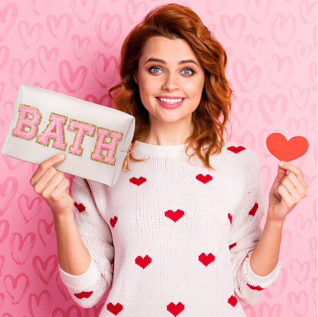 Y1tvei Preppy Patch BATH Letter Cosmetic Toiletry Bag PU Leather Portable Makeup Bag Sewn with Felt Varsity Letter Patches Water