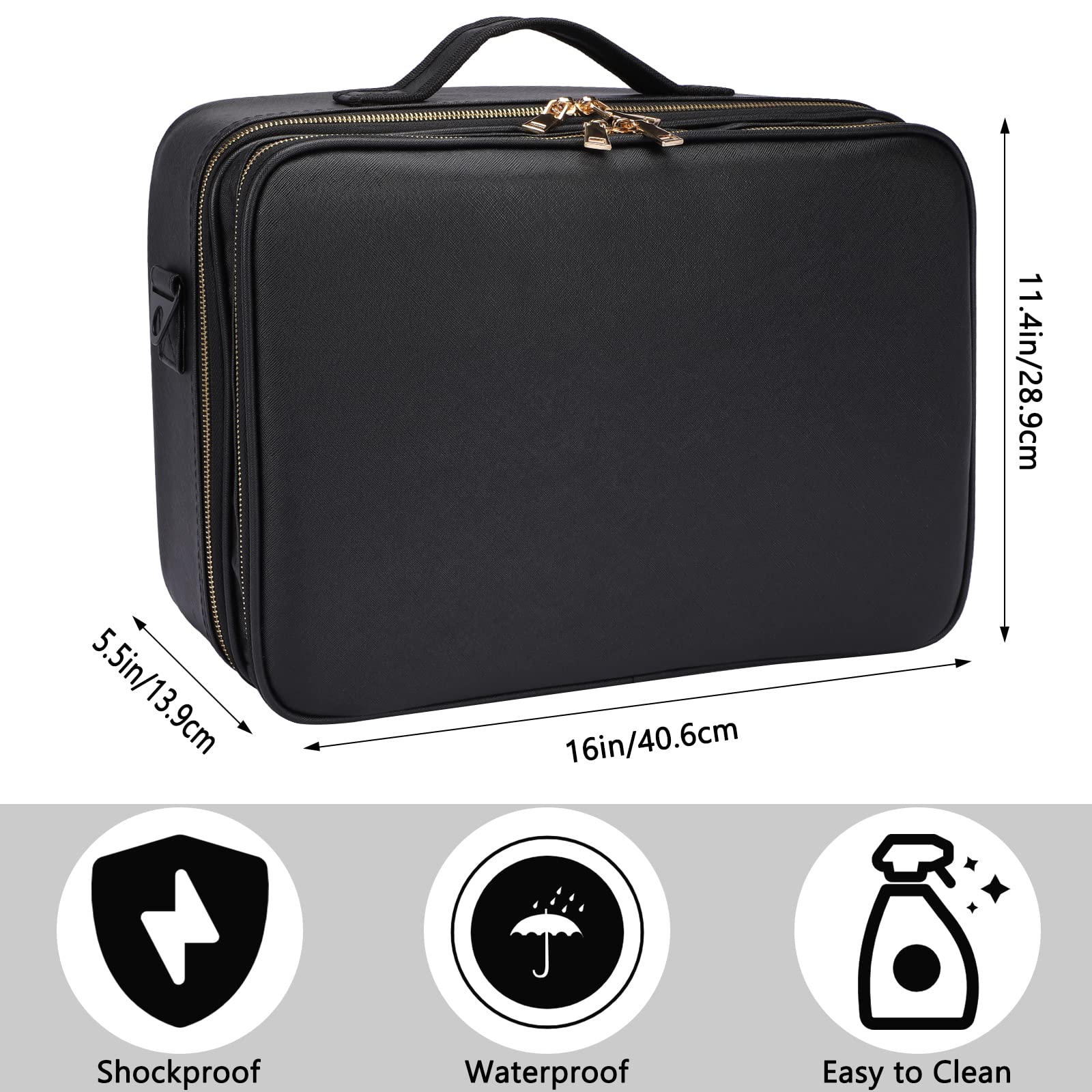 Oewoer Travel Makeup Train Case PU Leather Professional Makeup Case 16 with Adjustable Strap Portable Cosmetic Organizer Artist