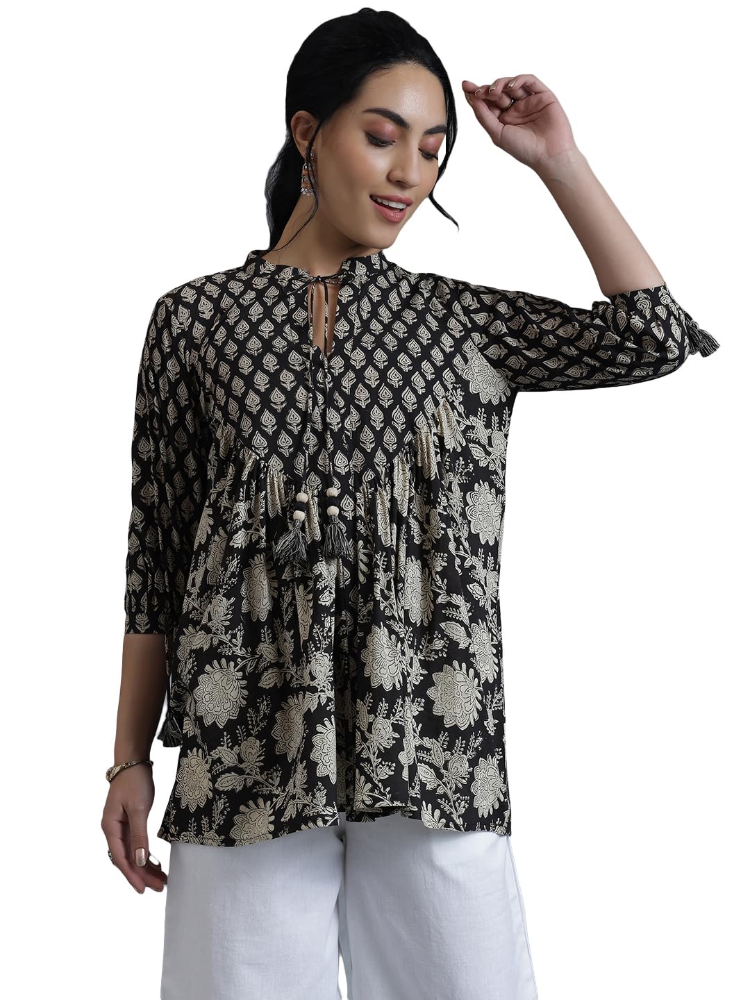 Libas Women'S Cotton Printed A-Line Kurtis (29067_Black