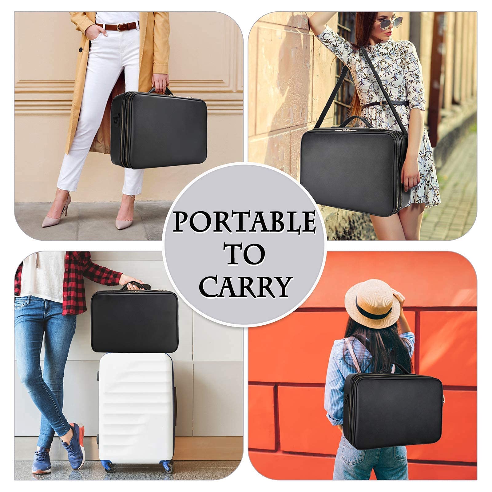 Oewoer Travel Makeup Train Case PU Leather Professional Makeup Case 16 with Adjustable Strap Portable Cosmetic Organizer Artist