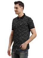 Turtle Men Slim Fit Black Printed Cotton Stretch Polo T-Shirt