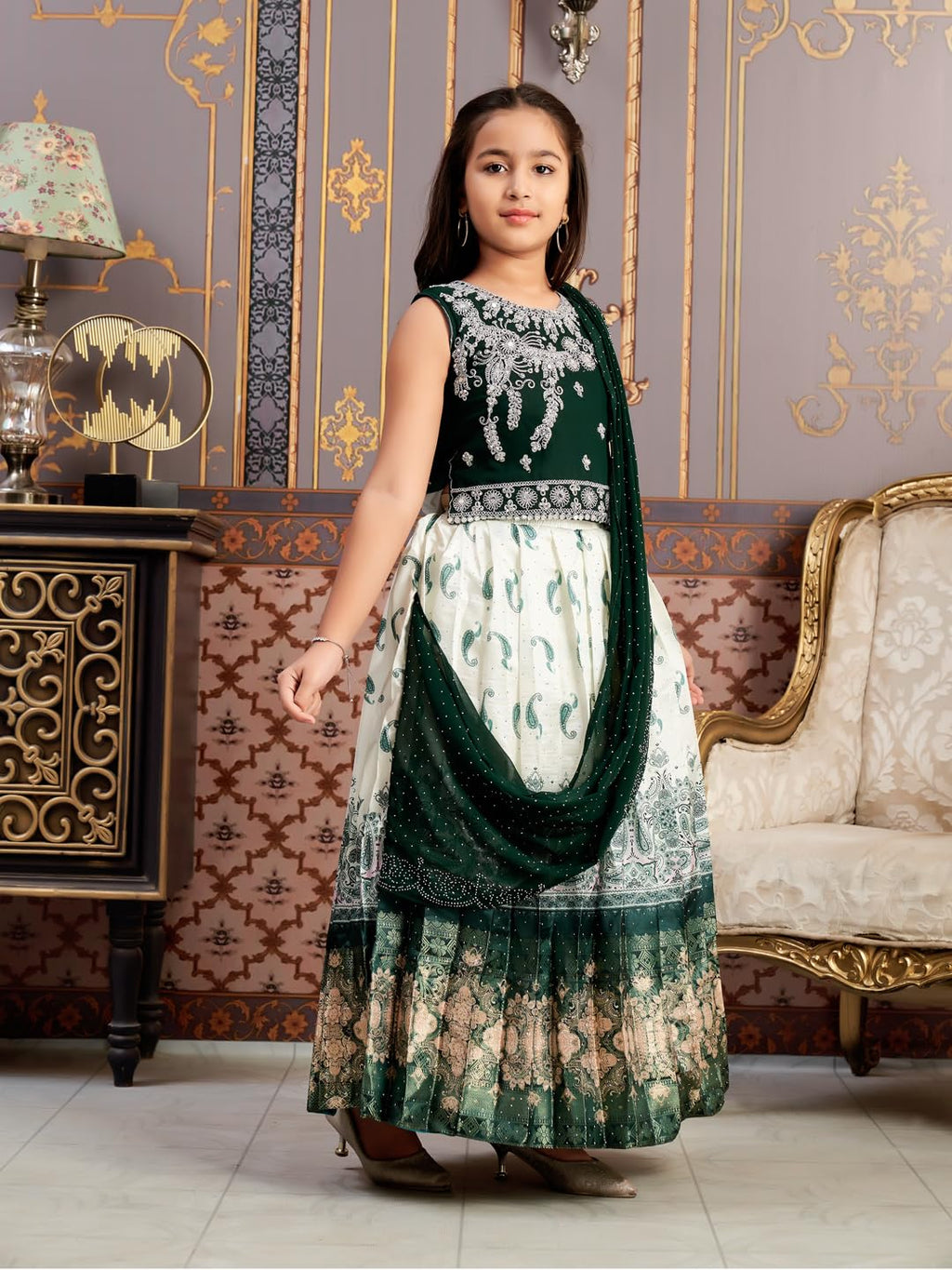 Aarika Girls Ethnic Wear Dark Green-Cream Colour Mirror Embroidery Georgette Lehenga Choli Set With Attached Dupatta-4-15 Years
