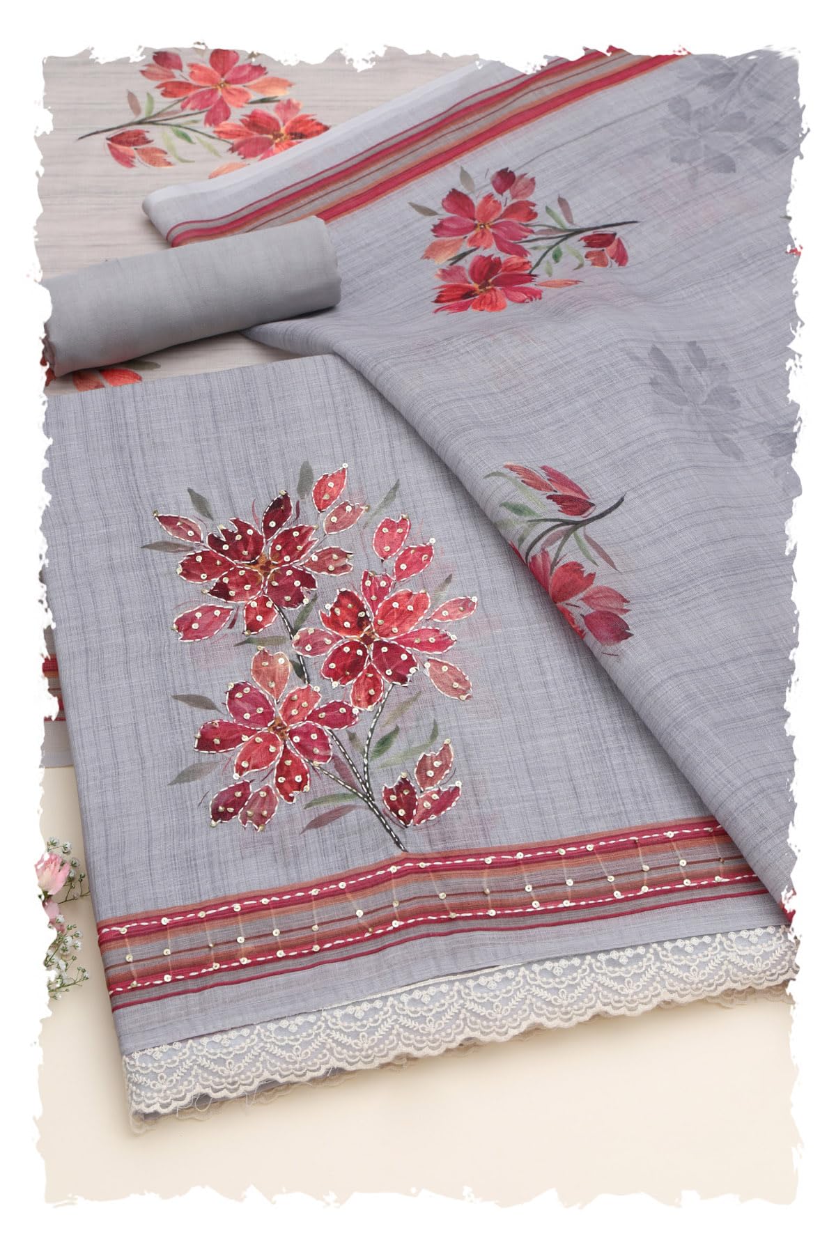 Soch Women Linen Floral Kantha Embroidered Dress Material with Sequin