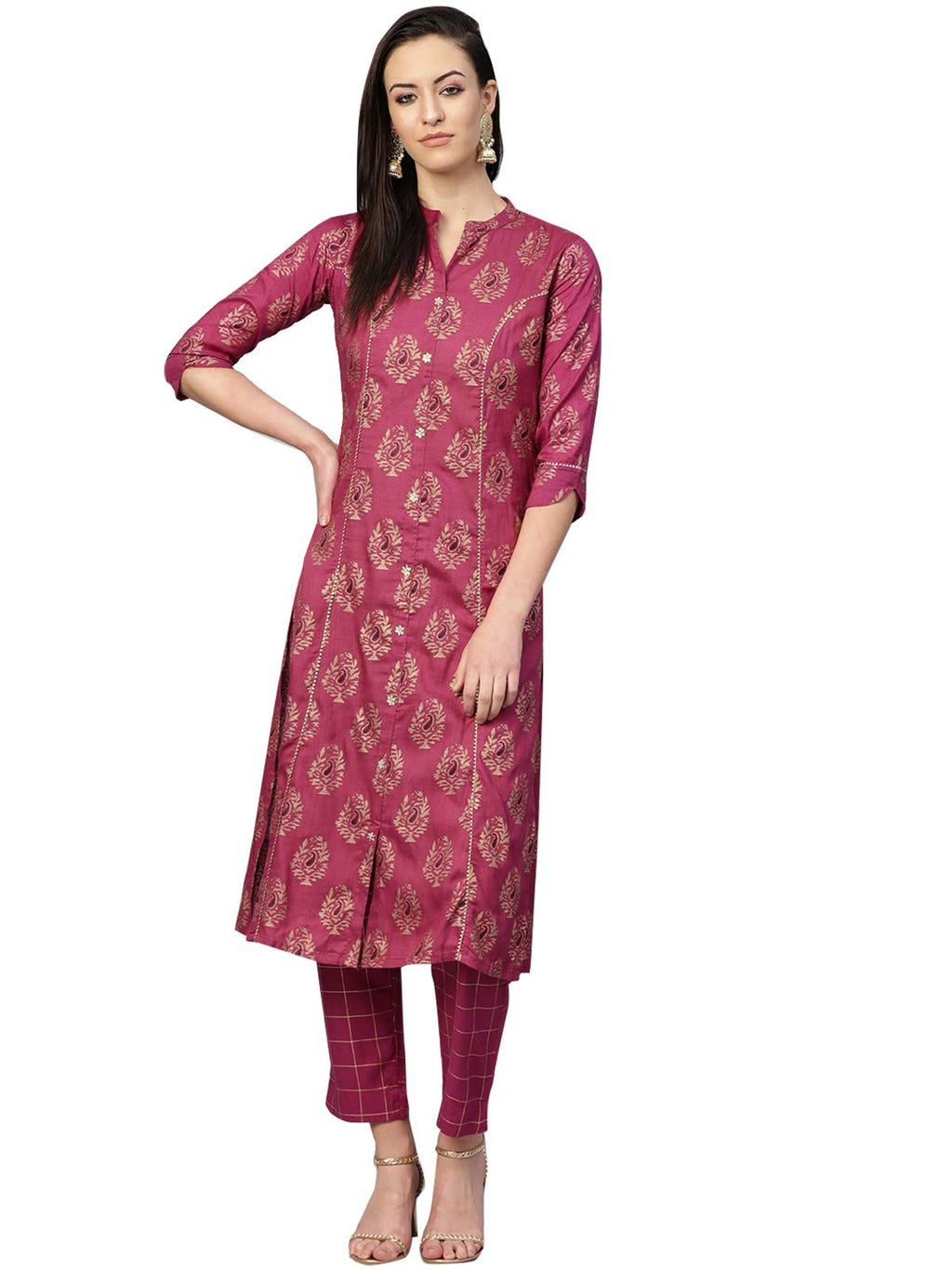 Ishin Women'S Cotton Foil Printed Gota Patti A-Line Kurta Trouser Set