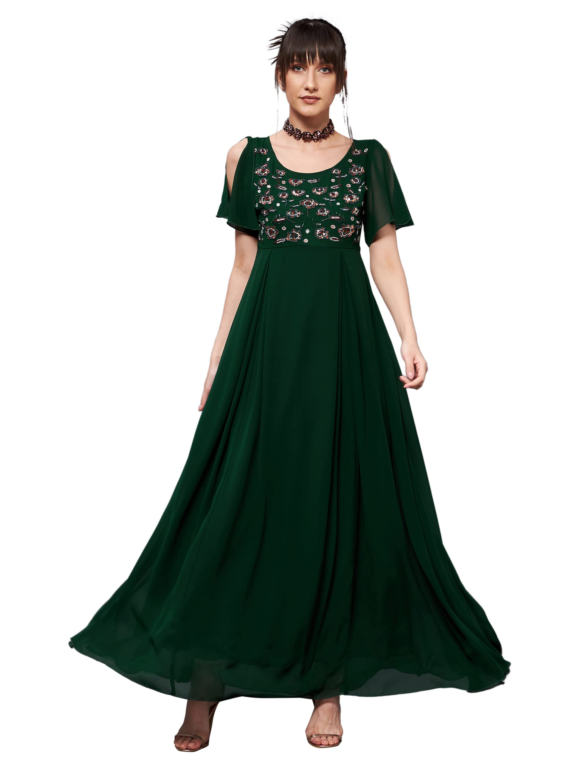 Miss Chase Womens Dark Green Round Short Slit Sleeve Solid Embellished Georgette Maxi Dress (MCSS22D06-50-42-05, Dark Green, L)