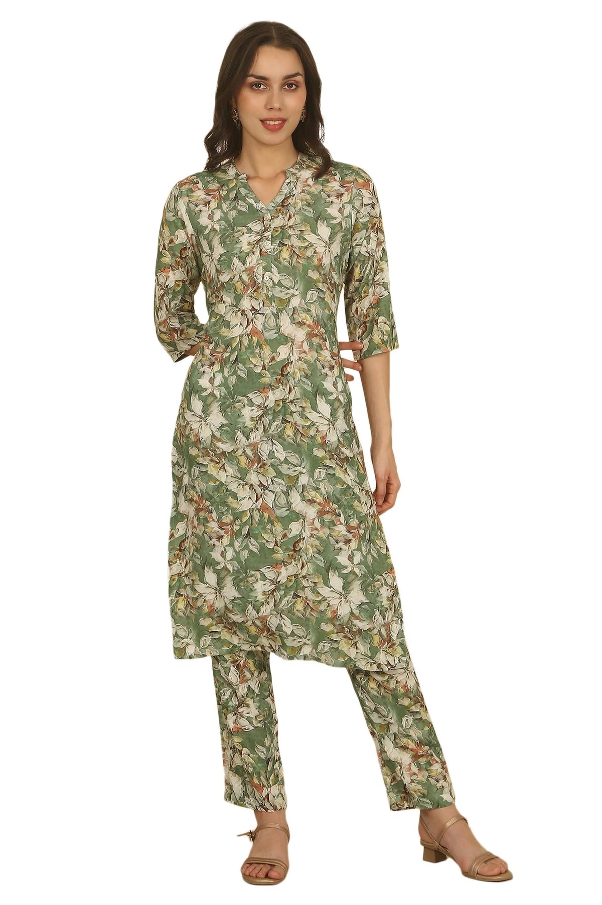Aurelia Womens Green Floral Printed Straight Kurta and Palazzo Co-ord Set (Size: M)-AS15987-509867