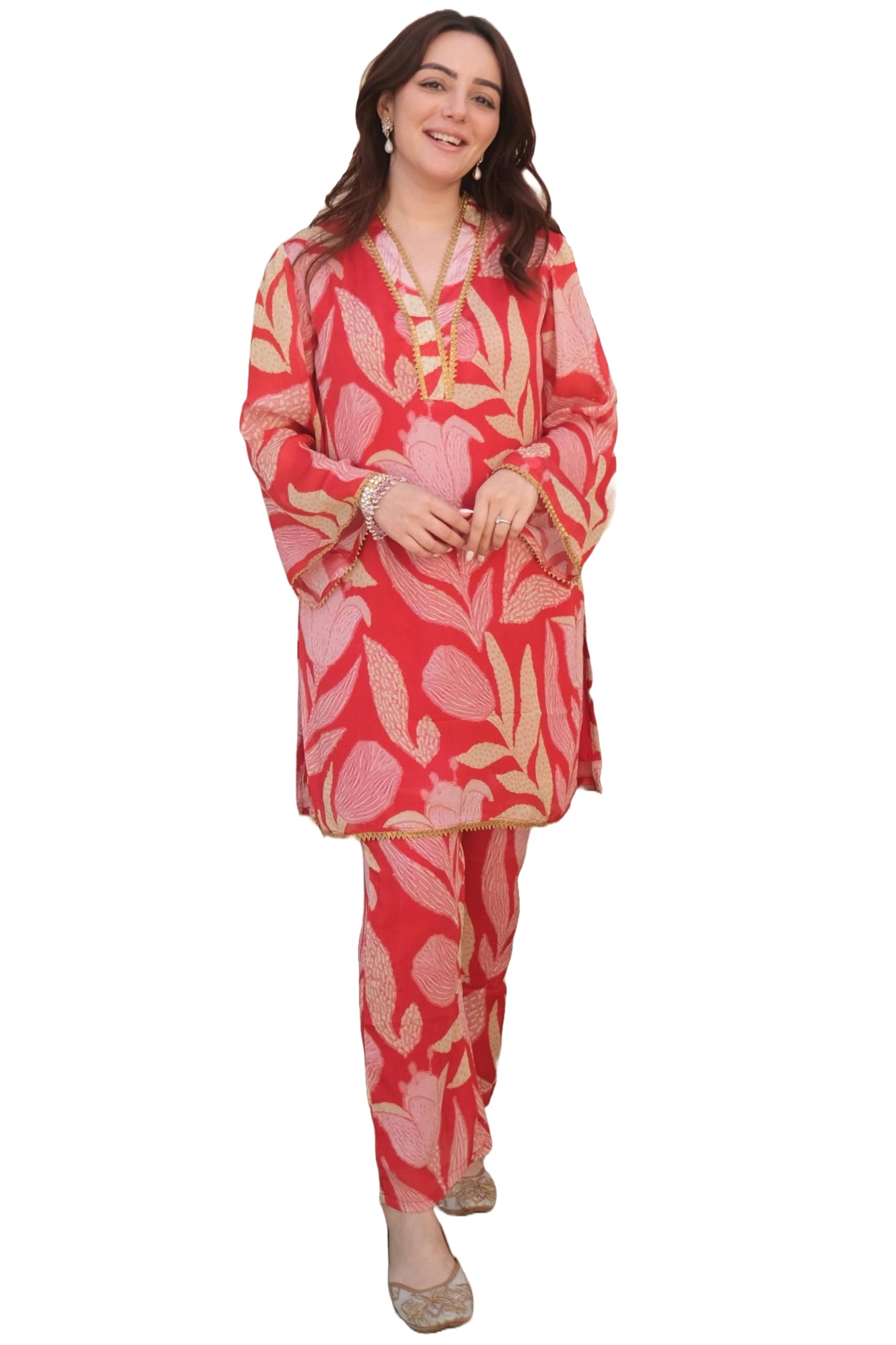ANNI DESIGNER Womens Cotton Blend Printed Ethnic Co-ord Set (Badima Red-NW_S_Red_Small)