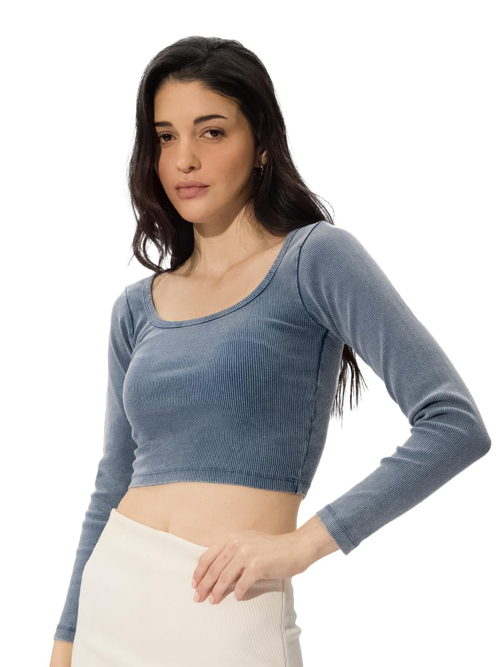 The Souled Store Solids: Acid Wash Blue Women and Girls Long Sleeves Square Neck Cotton Blend Slim Fit Cropped Tops