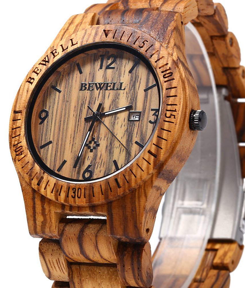 BEWELL ZS-W086B Mens Wooden Watch Analog Quartz Movement Date Display Lightweight Wood Wrist Watch (Zebra Wood)