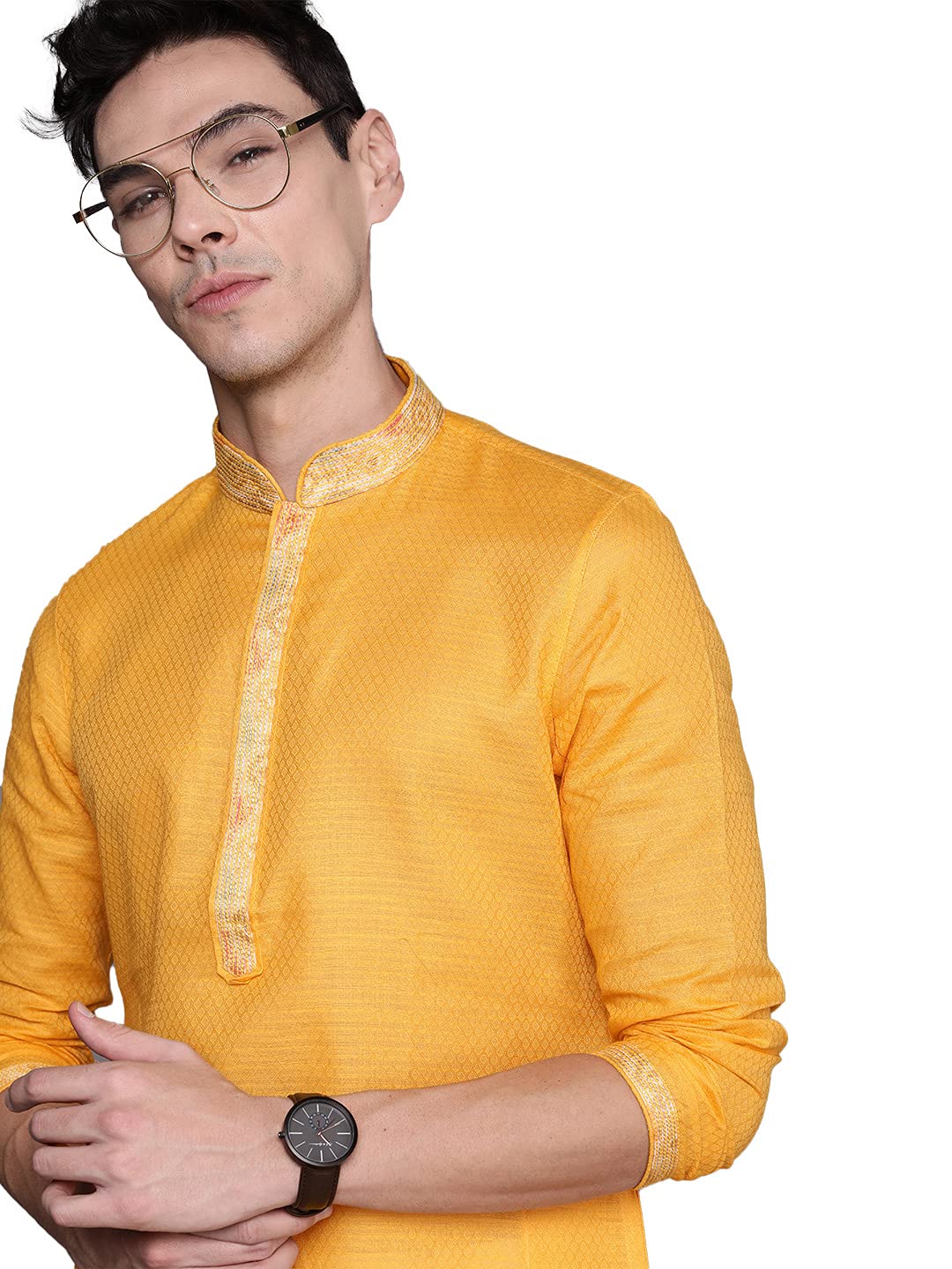 Manyavar Selfdesign Knee Long Kurta And Churidar Set For Men - (Yellow, Xx-Large)