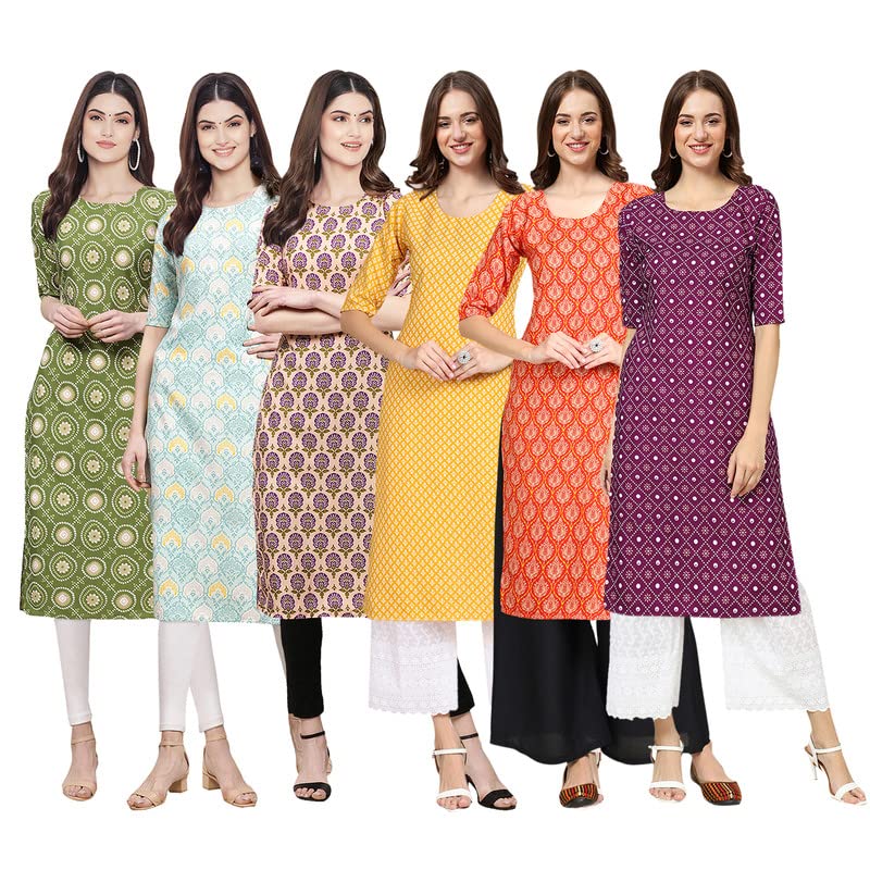 Pinkmint Womens Crepe Digital Print Straight Kurta [Pack of 6](QV-338-343-332-350-354-355-XXL)