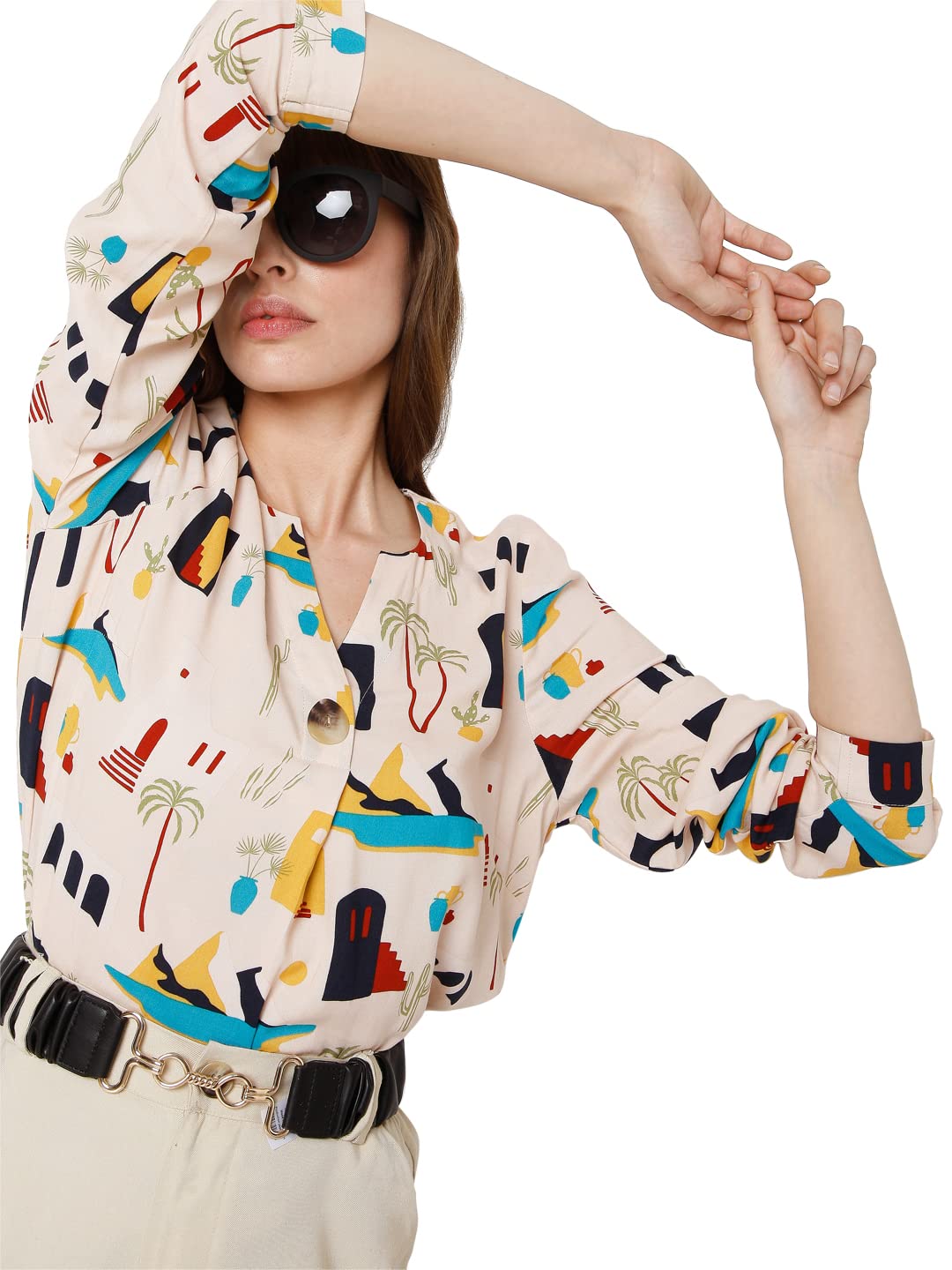 Vero Moda Printed Viscose V-Neck Womens Top (S22Vm10277625028,White,Medium)