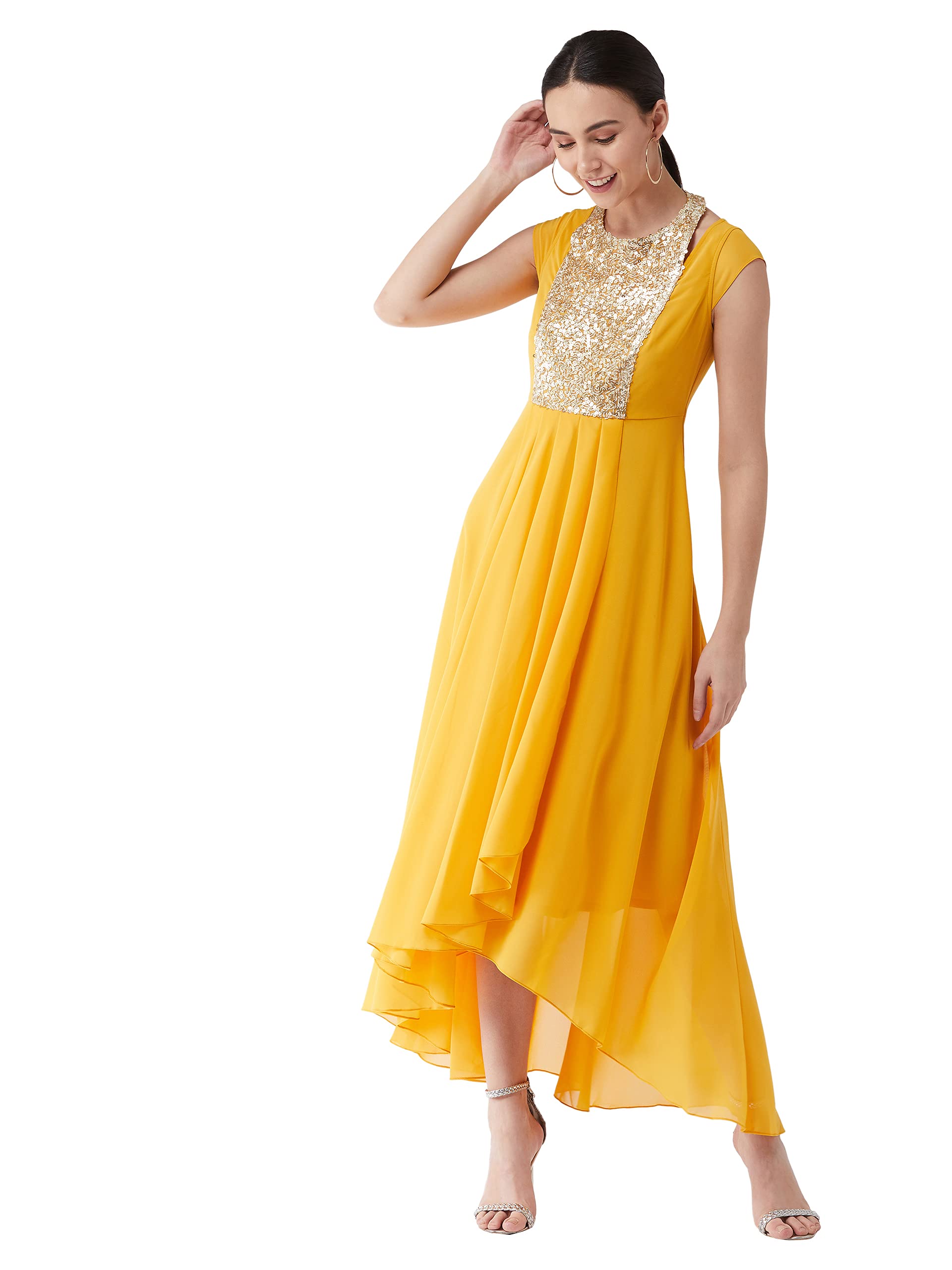 Miss Chase WomenS Mustard Round Neck Cap Sleeve Solid Embellished Maxi Dress (Mcaw21D06-12-183-06,Mustard,Xl)