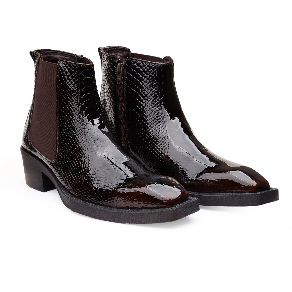 Mens 2 Inch Block Heel Height Increasing Faux Leather Material, Brown Casual Formal SlipOn Boot And Chelsea Boot. 6 UK 6
