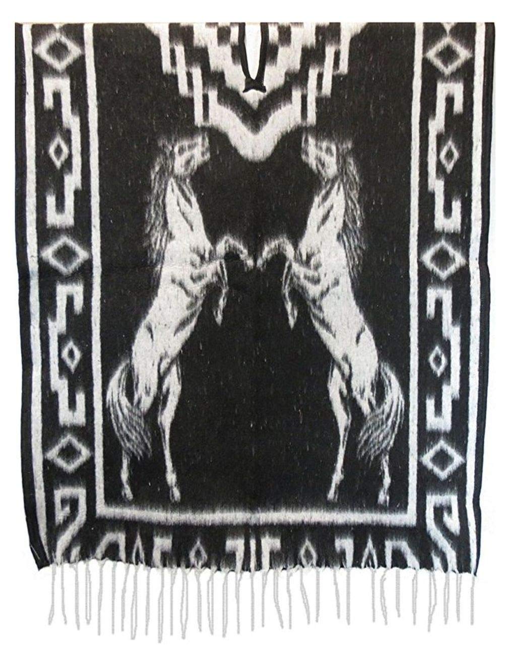 Del Mex Authentic Mexican Poncho Cobija Gaban Blanket -Black & White (Horses)