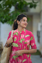 ANNI DESIGNER Women s Straight Printed Viscose Kurta with Trousers, Pink, 44