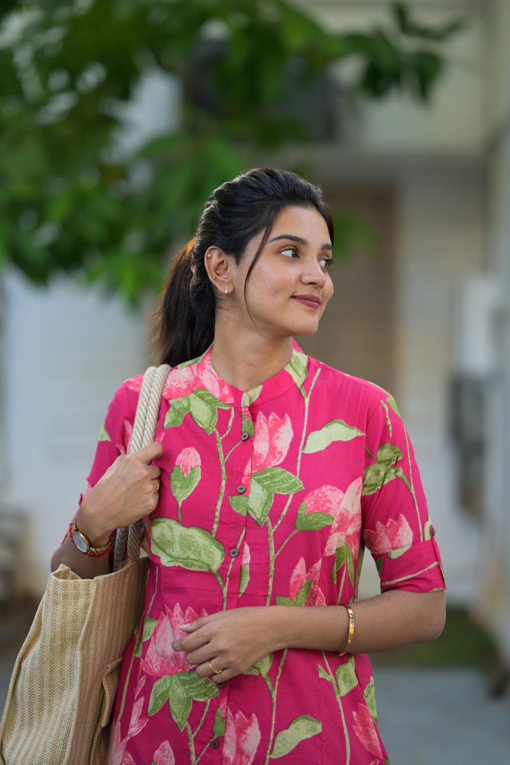 ANNI DESIGNER Women s Straight Printed Viscose Kurta with Trousers, Pink, 44