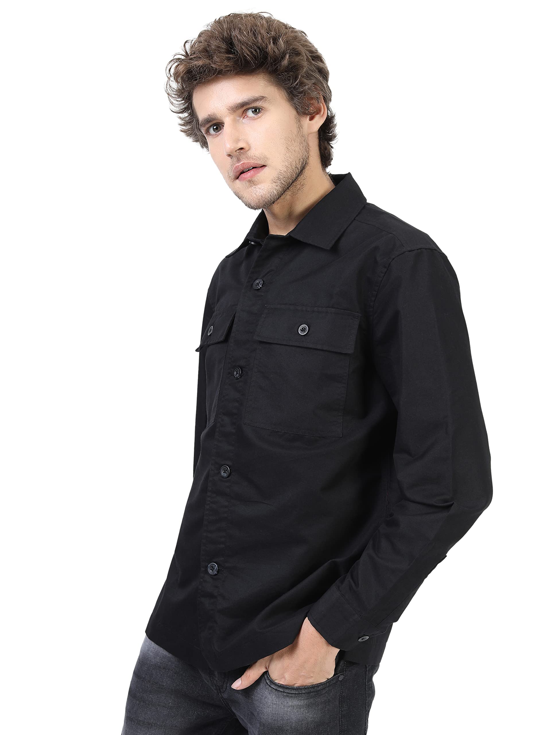 Ketch Polyester Blend MenS Casual Style Slim Fit Shirt (Khos000008_Black