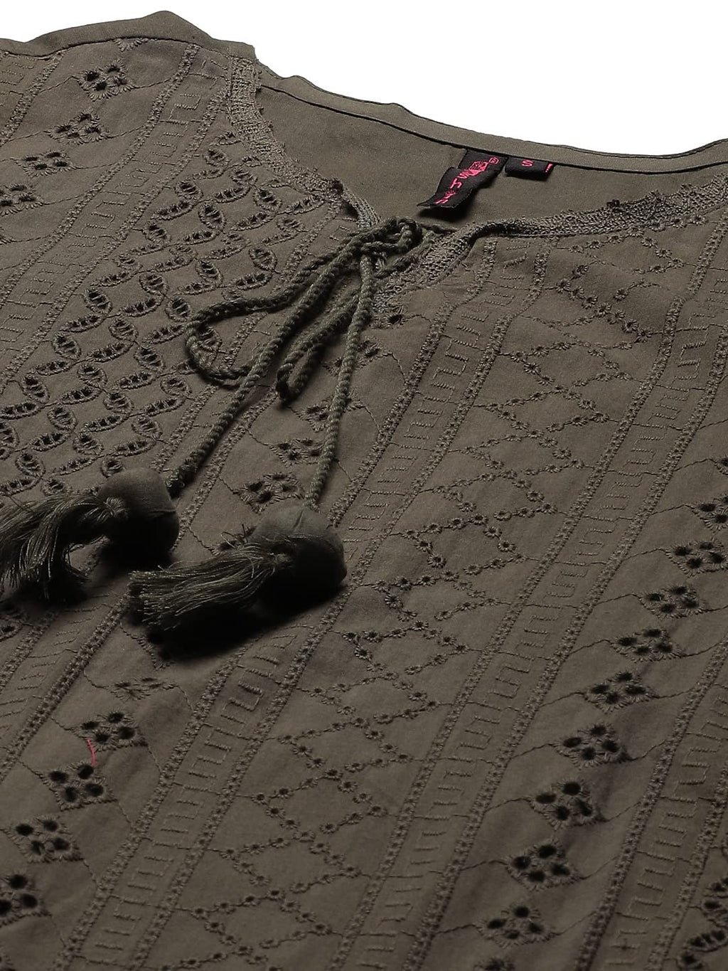 Ishin Women'S Pure Cotton Embroidered Thread Work Olive Woven Design Print A-Line Kurta Suit Set With Dupatta & Trouser