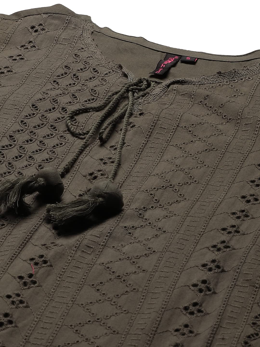 Ishin Women'S Pure Cotton Embroidered Thread Work Olive Woven Design Print A-Line Kurta Suit Set With Dupatta & Trouser