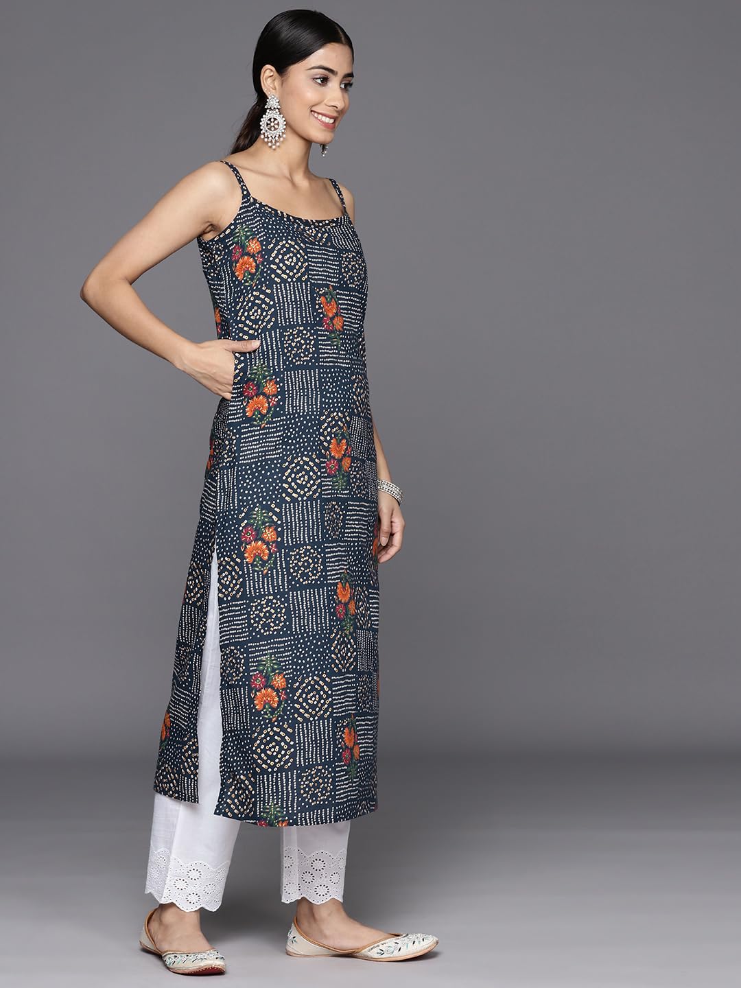 Varanga Women Navy Blue Bandhani Printed Round Neck Strap Style Kurta