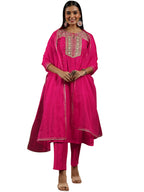 Libas Art Womens Yoke Design Silk Blend Straight Kurta with Palazzos and Dupatta Pink
