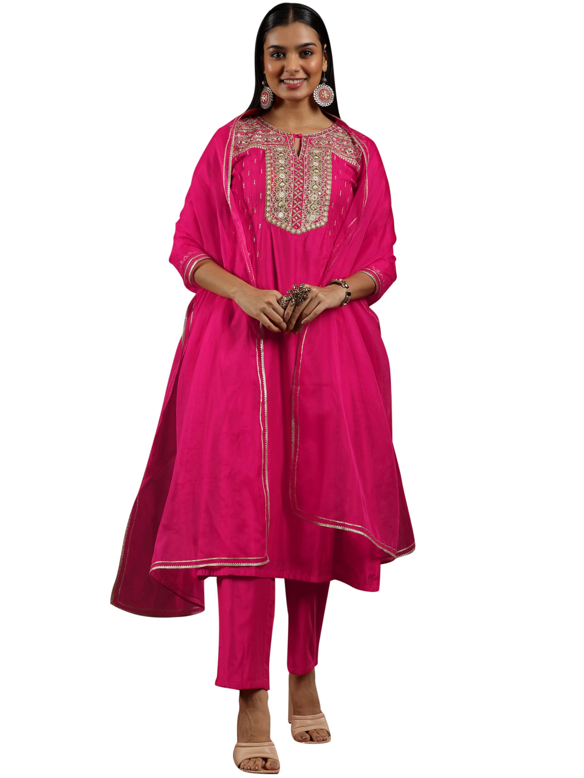 Libas Art Womens Yoke Design Silk Blend Straight Kurta with Palazzos and Dupatta Pink