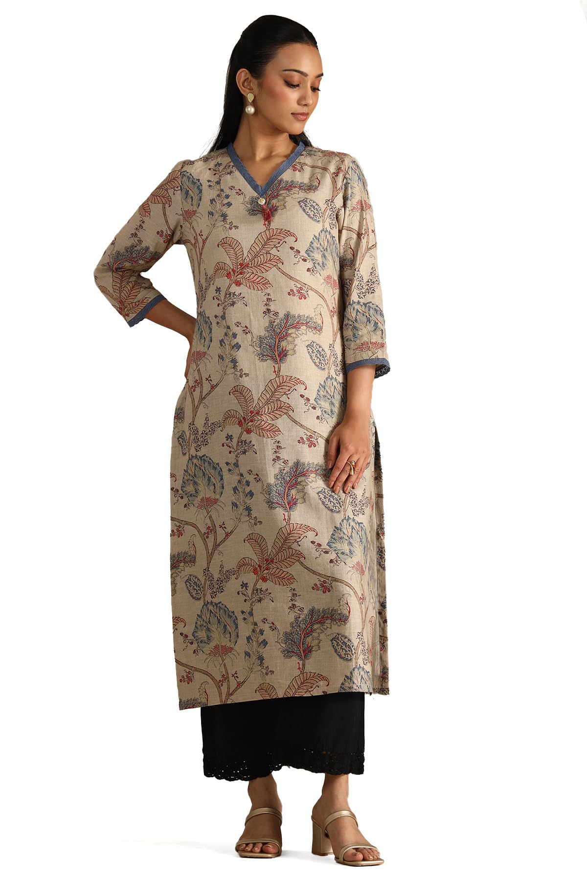 Soch Women Linen Botanical Print Kurta with Tassels