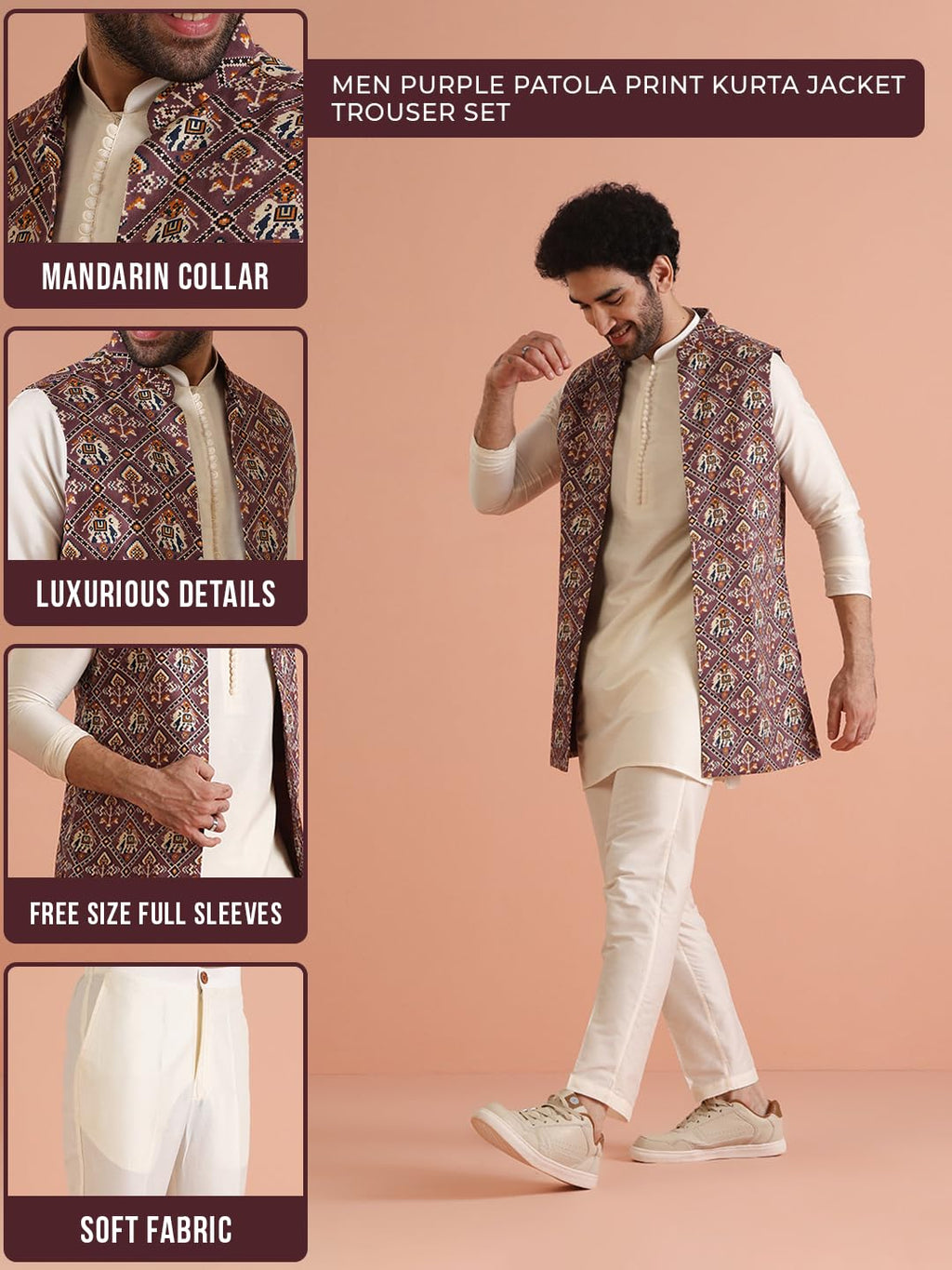Kisah Mens Kurta Jacket Trouser Set|Cotton Blend Fabric Printed Pattern Mens Ethnic Wear|Regular Fit Mandarin Collar Long Sleeve