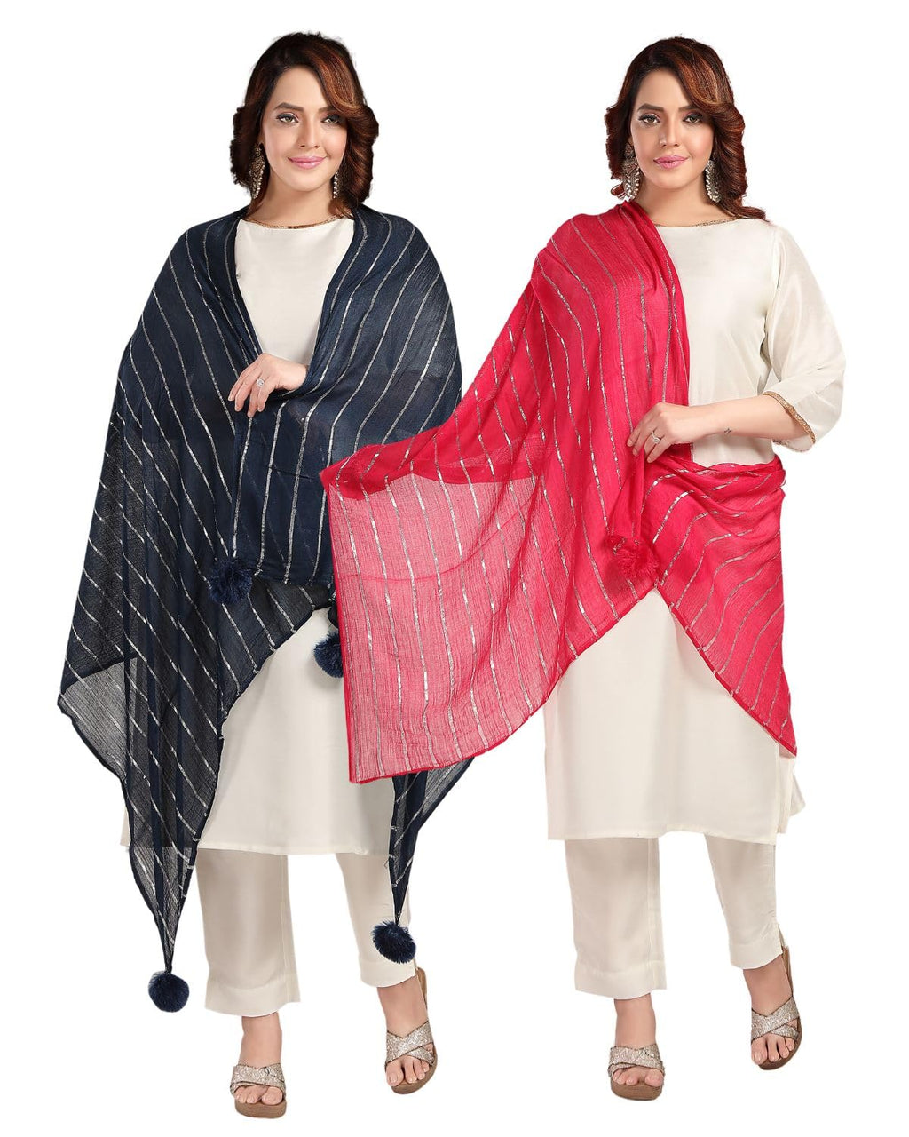 Fabme Shimmer Embellished Soft Cotton Dupatta - Pack Of 2 - Navy Blue, Dark Pink
