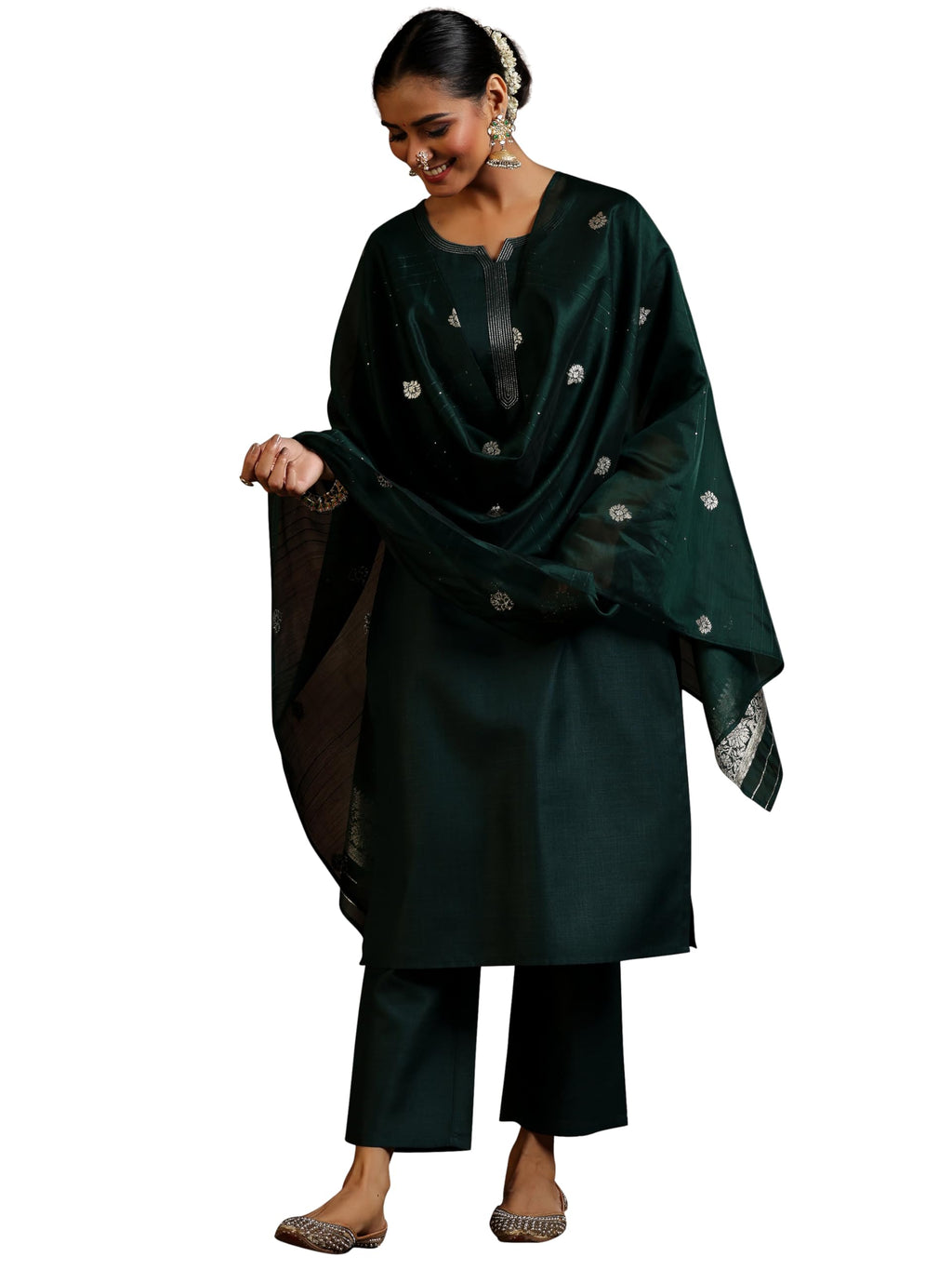 Libas Womens Woven Design Cotton Blend Straight Kurta With Trousers And Dupatta
