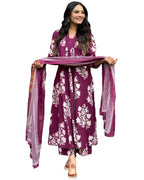 ANNI DESIGNER Womens Rayon Blend Anarkali Printed Kurta with Pant & Dupatta (Jasiwal Wine_M_Wine_Medium)