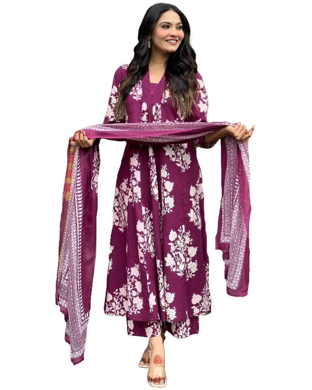 ANNI DESIGNER Womens Rayon Blend Anarkali Printed Kurta with Pant & Dupatta (Jasiwal Wine_XL_Wine_X-Large)