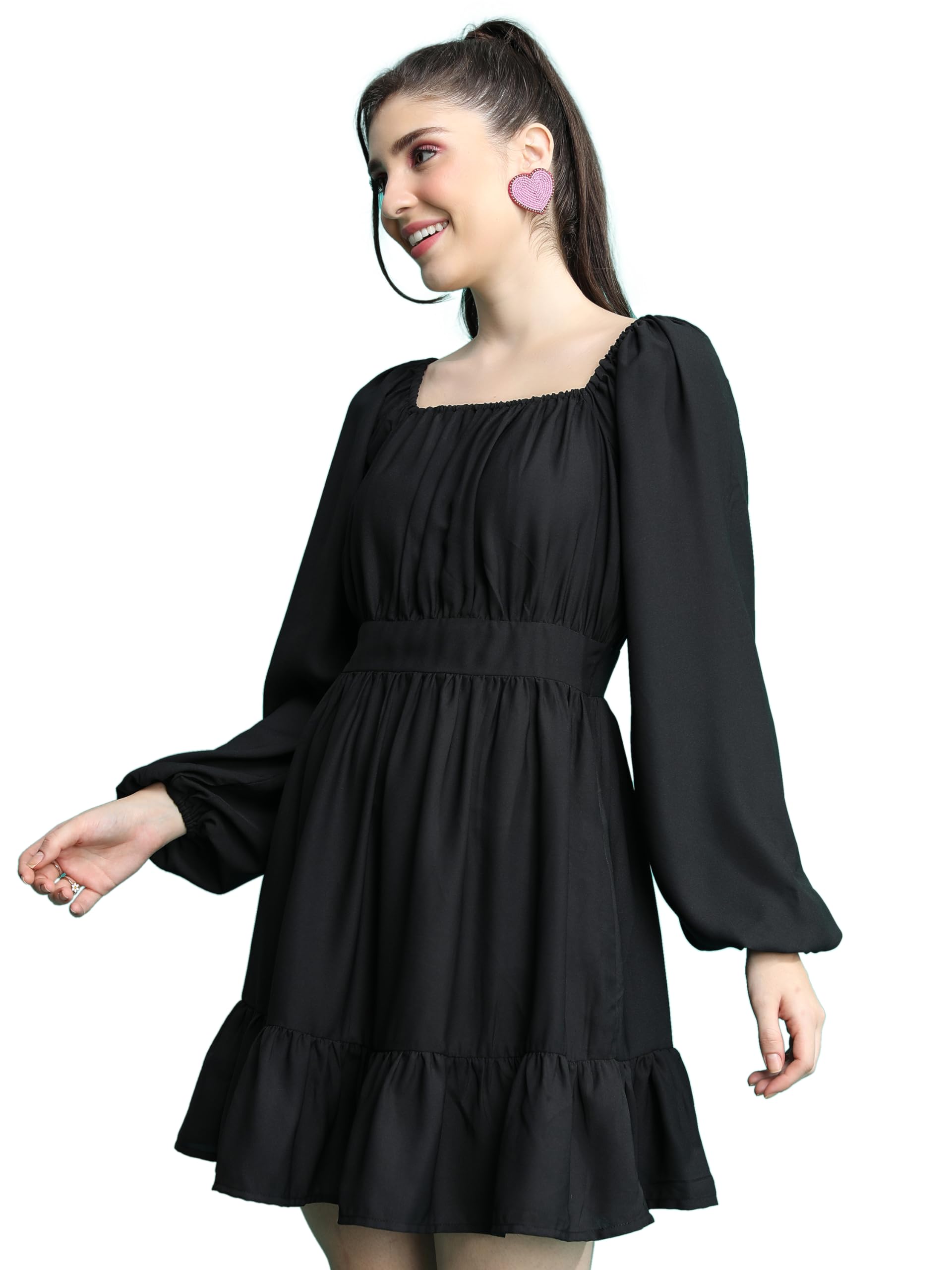 Ketch WomenS Cotton Blend Square Neck Bishop Sleeve Croptop Above The Knee Dress (Khj6000588_Black