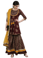 Ishin Women'S Cotton Brown Embellished Peplum Kurta Set With Sharara And Dupatta