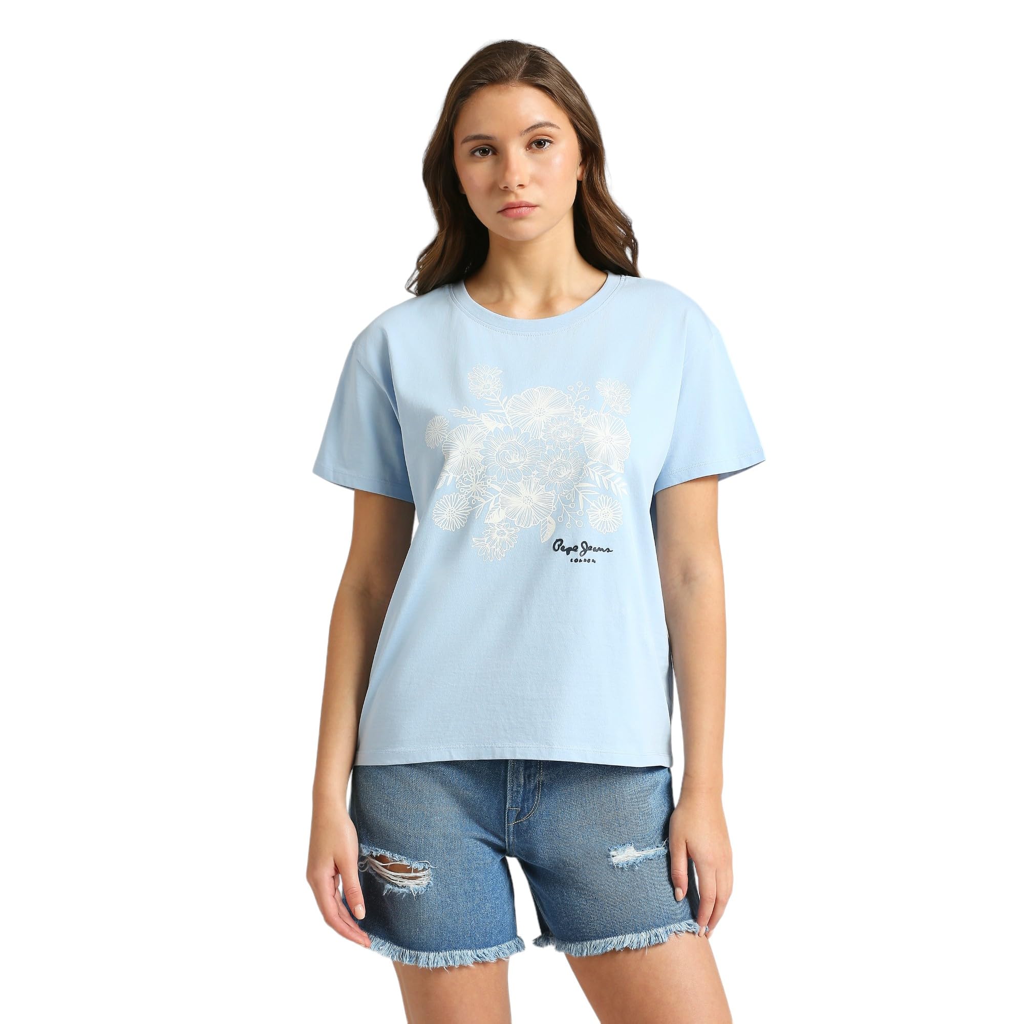 Pepe Jeans WomenS Floral Relaxed Fit T-Shirt (Pl505929_Bay Blue