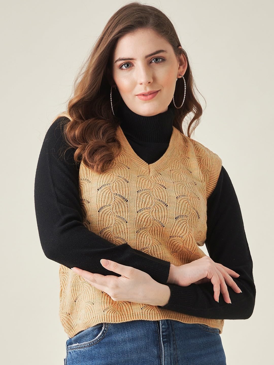 Modeve Self Design V Neck Casual Women Yellow Sweater||Winterwear||