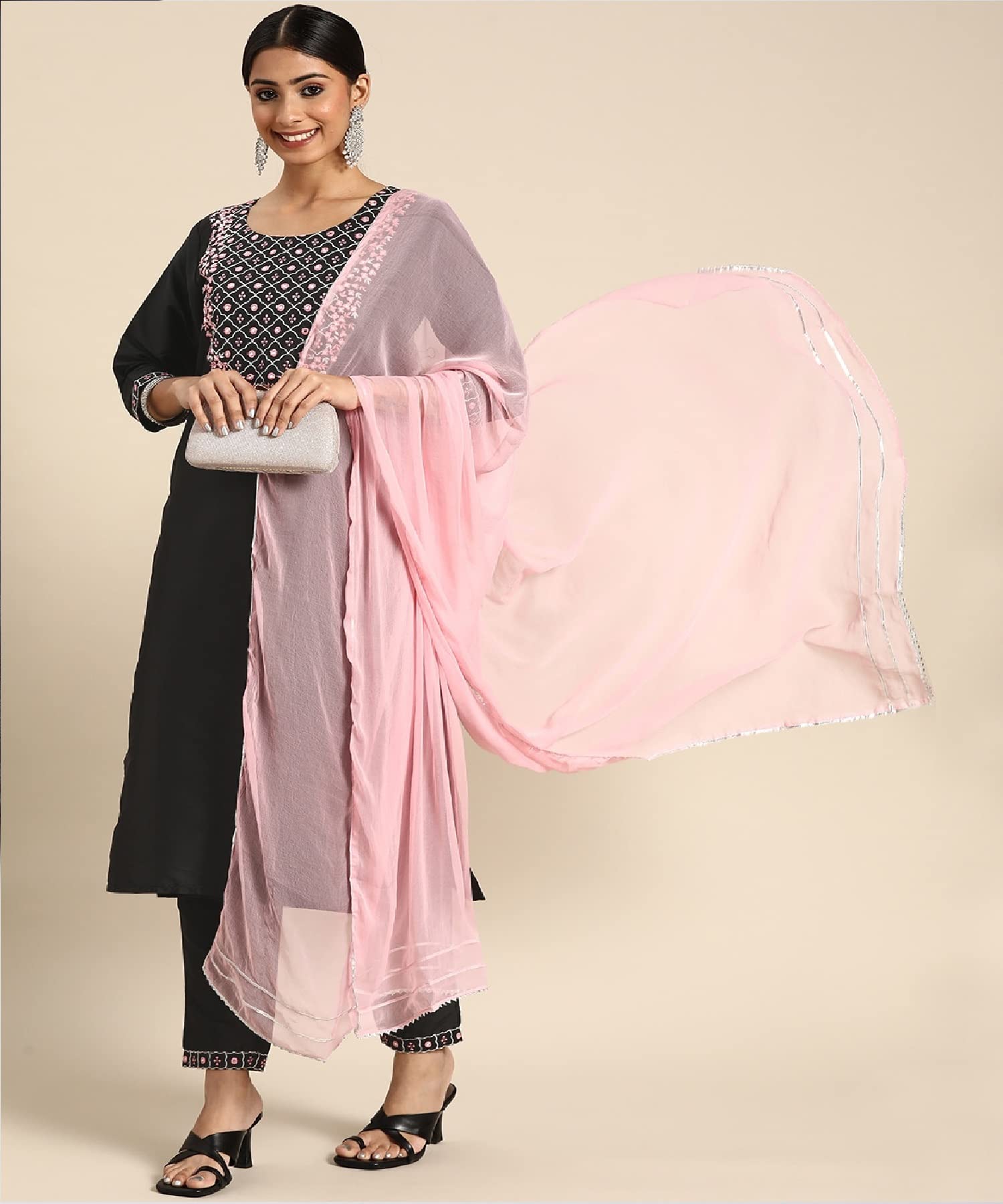 Lookmark Womens Art Silk Kurta And Pant Set With Dupatta Black-Pink