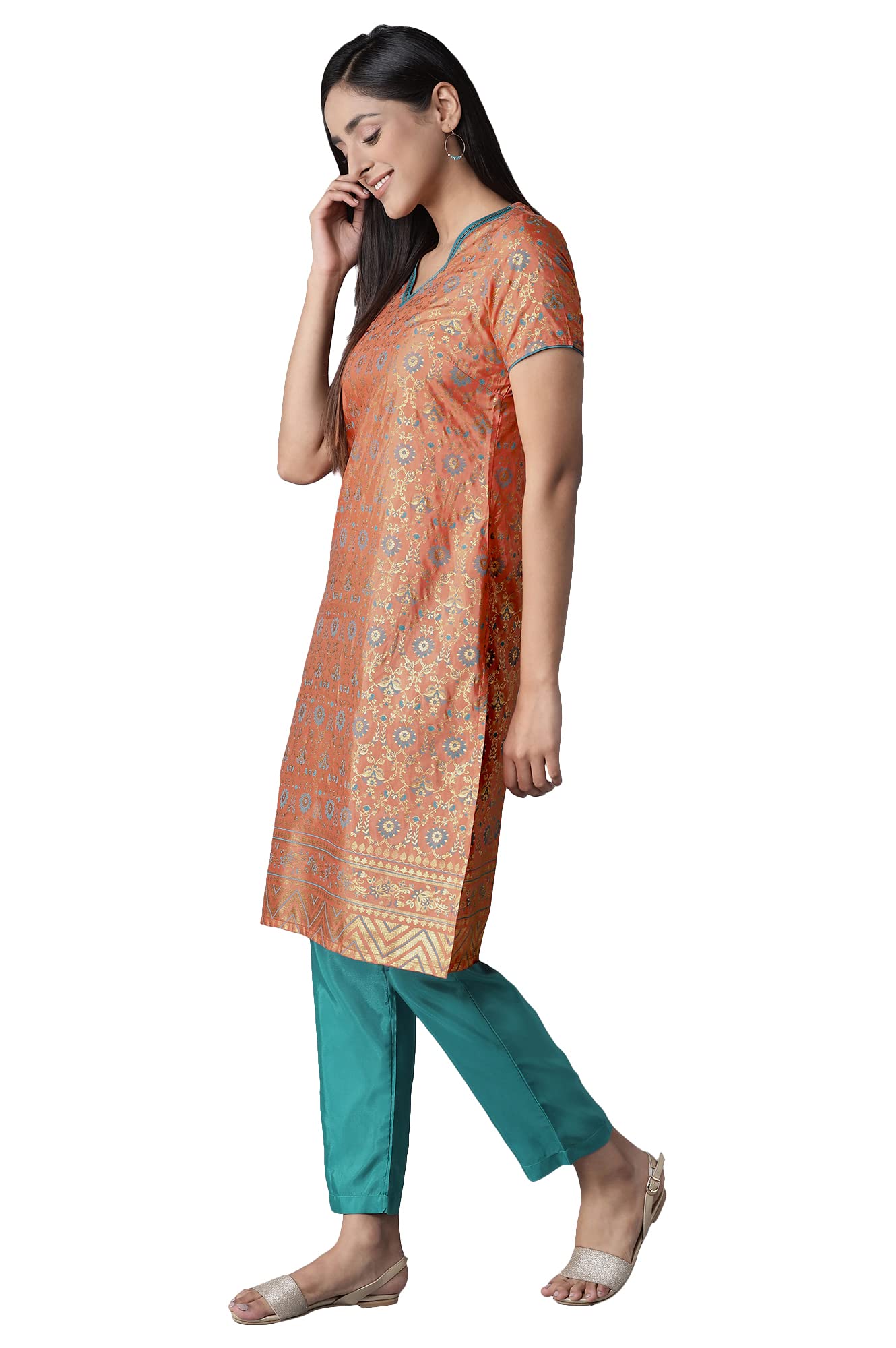 Aurelia Women'S Polyester Kurta-Trousers (21Onas12901-505017_Orange_M)