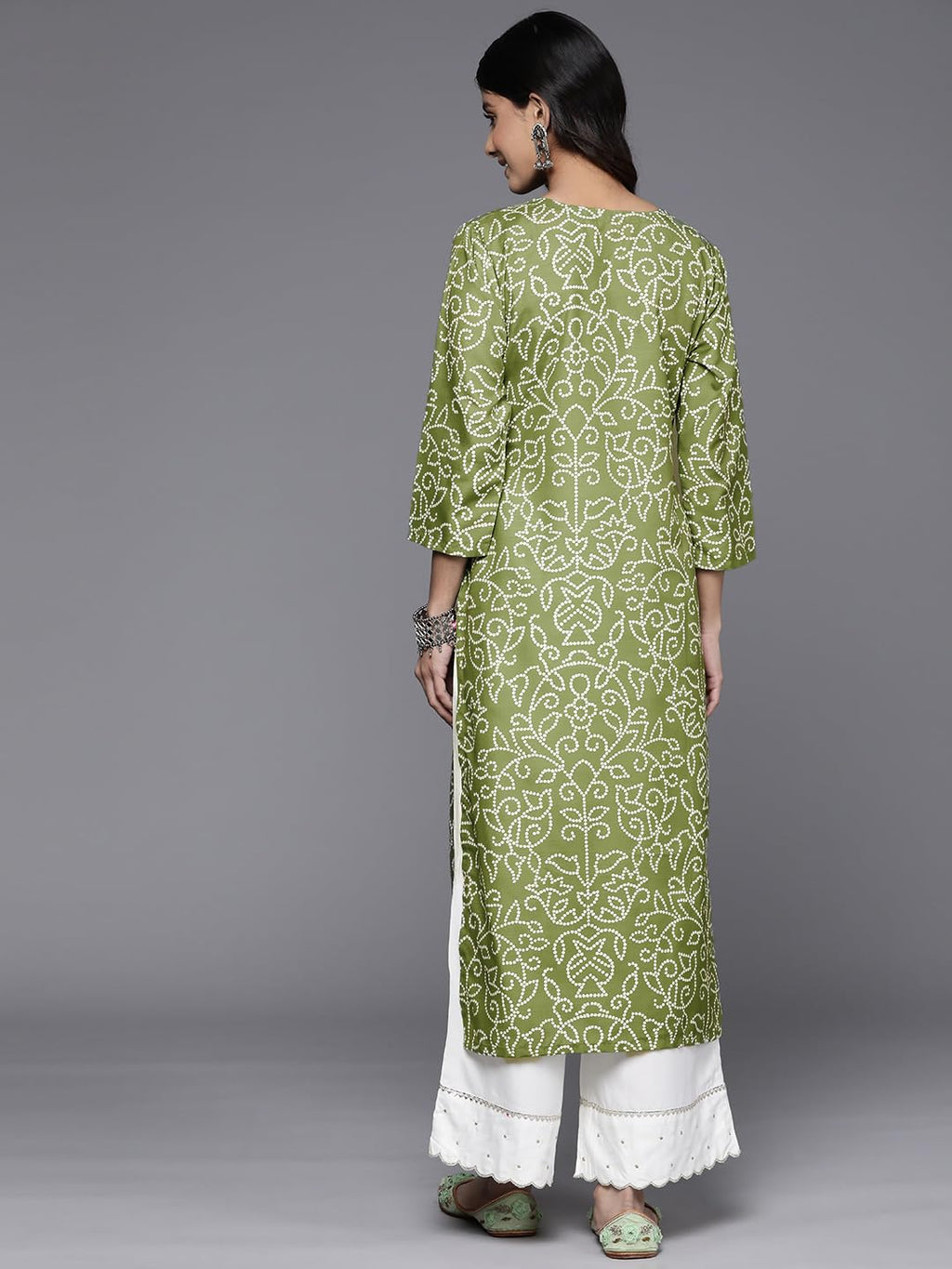 Varanga Women Olive Bhandhani Print Gota Yoke Embroidered Kurta With Round Neck, Tassel Detailing, Three-Quarter Sleeves, Straig