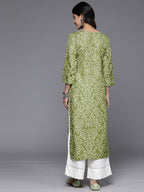 Varanga Women Olive Bhandhani Print Gota Yoke Embroidered Kurta With Round Neck, Tassel Detailing, Three-Quarter Sleeves, Straig