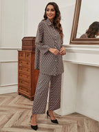 Greciilooks Women Co Ord Set| Geo Print Button Front With Wide Leg Pants| Long Sleeve Shirt| Straight Geo Printed Pant| Women Tw