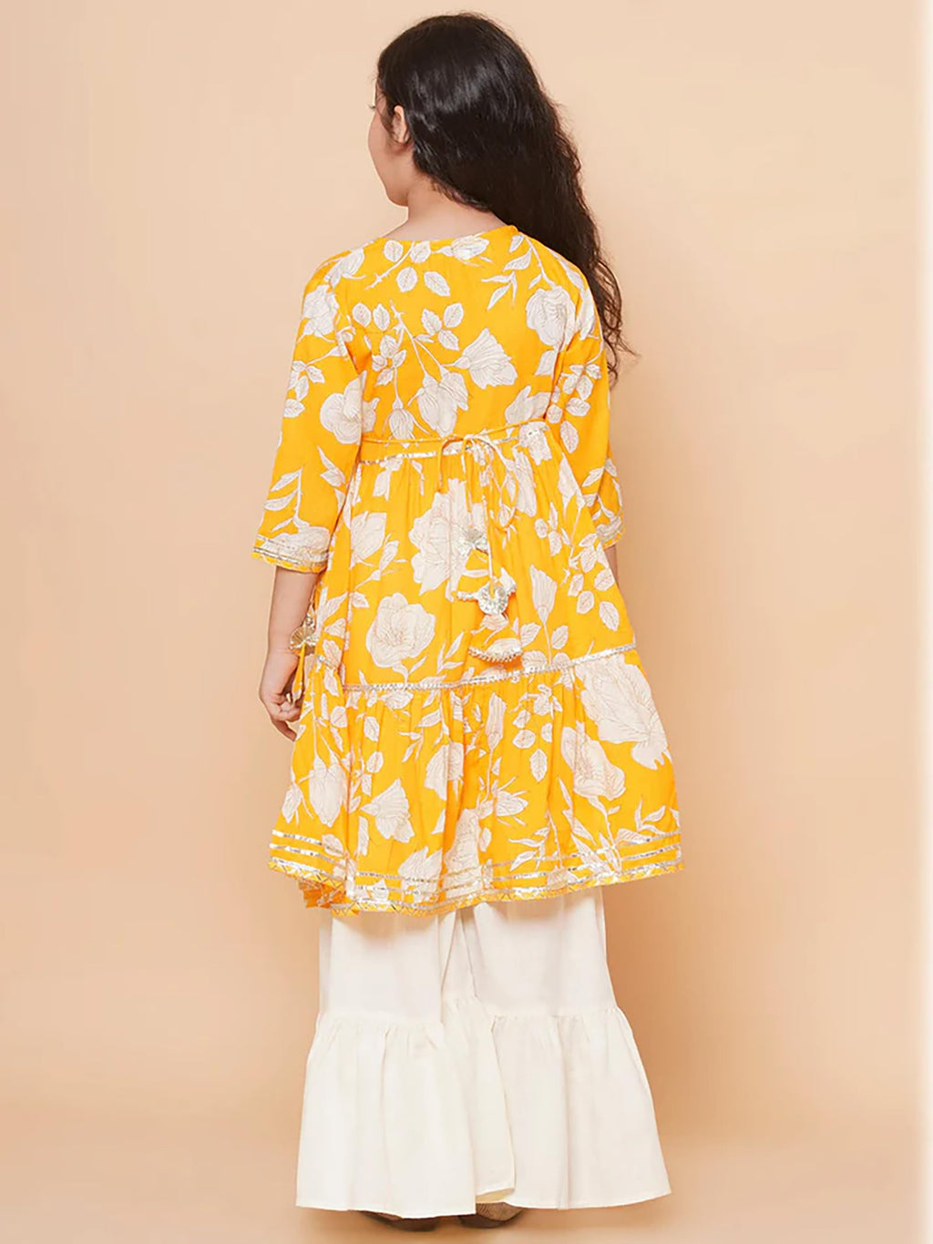 Naixa Girls Yellow Rayon V Neck 3/4 Sleeve Floral Printed Kurta And Sharara With Dupatta Set | Latest Floral Designer Printed Sa