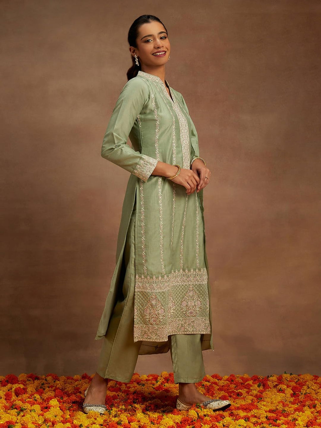 Libas Womens Embroidered Silk Straight Kurta With Trousers And Dupatta
