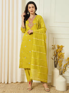 Rieka WomenS Ethnic Embroidered Kurta Set With Dupatta | Straight Kurta Pant Set For Women | 3/4-Length Sleeves, V-Neckline (Le