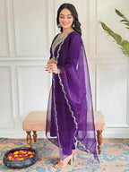 Naixa WomenS Violate Rayon Slub Embroidered Straight Kurta With Rayon Slub Pant And Organza Laced Dupatta Sets (Nx-575-Violate-