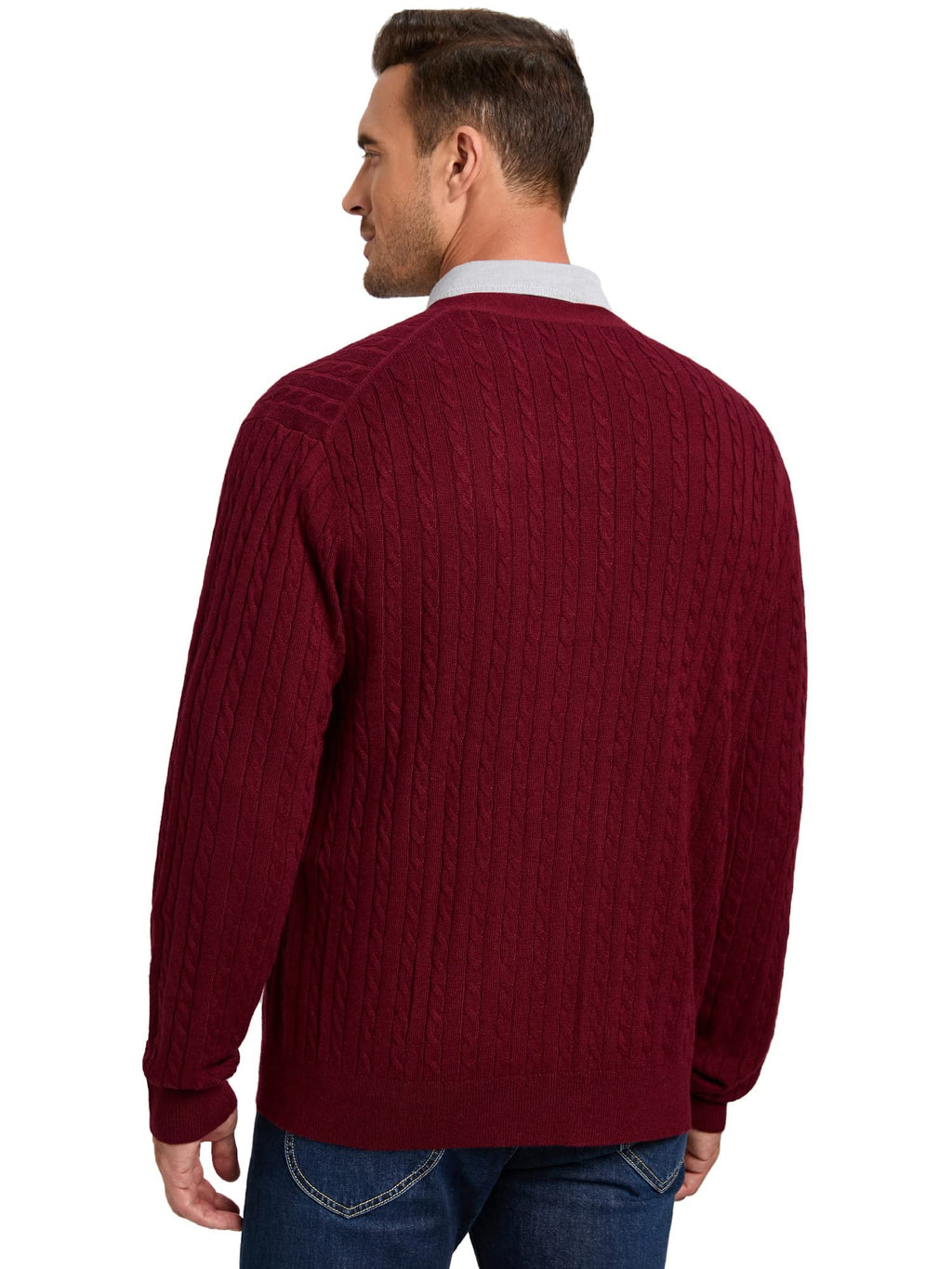 Kallspin Men's Cardigan Sweater Cashmere Wool Blend Cable Knit V Neck Buttons Cardigan with Pockets(Burgundy Red, Medium)